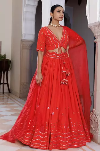Red Cherry Mirror Work Embroidered Cotton Lehenga Set