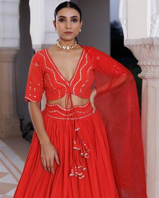 Red Cherry Mirror Work Embroidered Cotton Lehenga Set 3