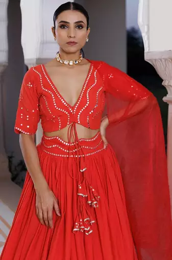 Red Cherry Mirror Work Embroidered Cotton Lehenga Set