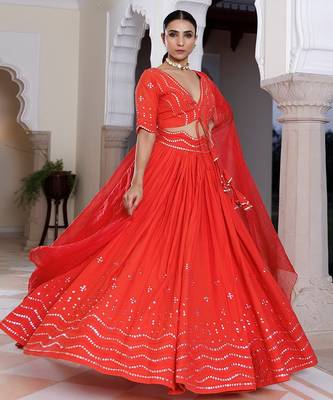 Red Cherry Mirror Work Embroidered Cotton Lehenga Set 4