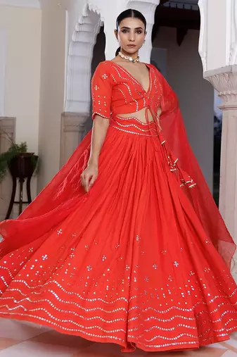 Red Cherry Mirror Work Embroidered Cotton Lehenga Set