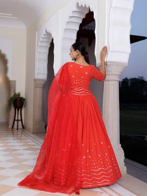 Red Cherry Mirror Work Embroidered Cotton Lehenga Set 5