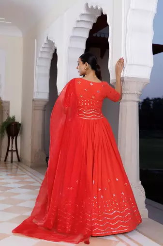 Red Cherry Mirror Work Embroidered Cotton Lehenga Set