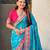 Blue viscose silk position print & zari weaving saree with contrast blouse piece