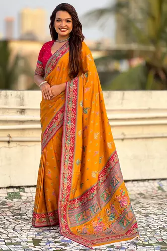 Mustard viscose silk position print & zari weaving saree with contrast blouse piece