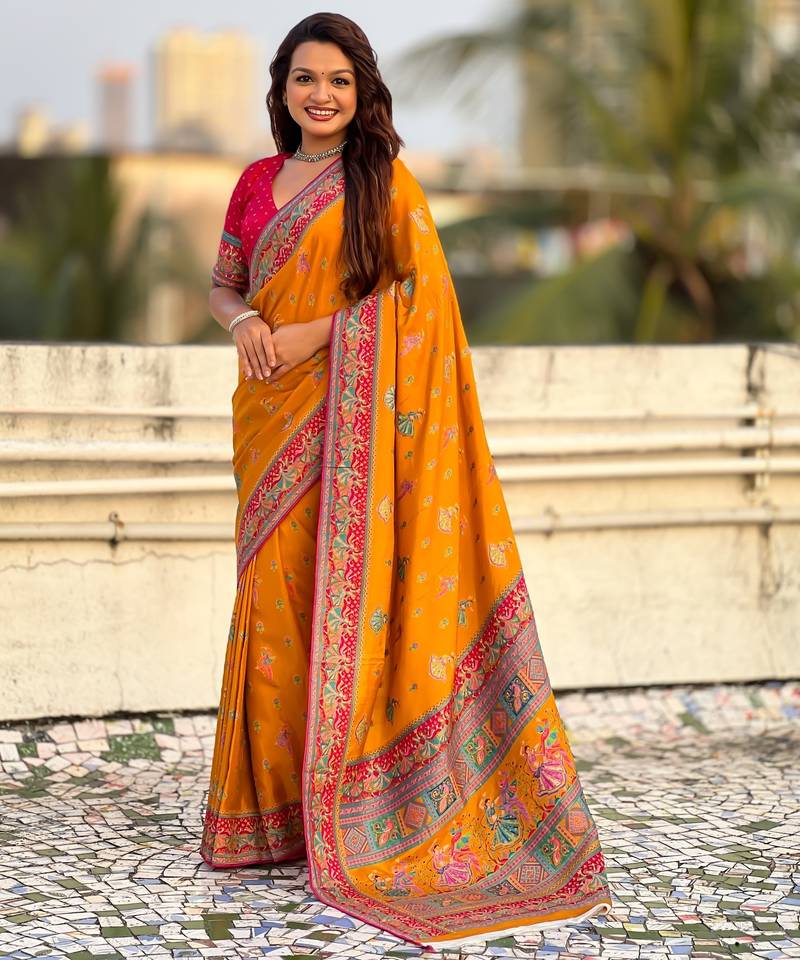 Mustard viscose silk position print & zari weaving saree with contrast blouse piece