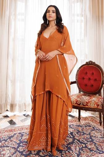 Rustic Brown Cotton Embroidered Garara Set