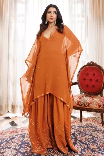 Rustic Brown Cotton Embroidered Garara Set