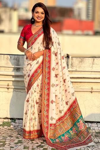 White viscose silk position print & zari weaving saree with contrast blouse piece
