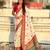 White viscose silk position print & zari weaving saree with contrast blouse piece