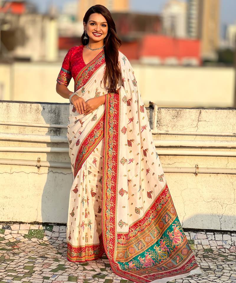 White viscose silk position print & zari weaving saree with contrast blouse piece