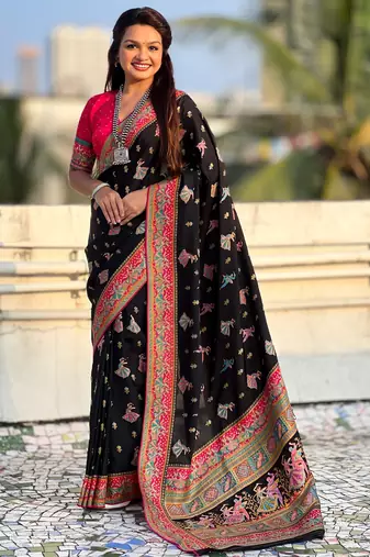 Black viscose silk position print & zari weaving saree with contrast blouse piece