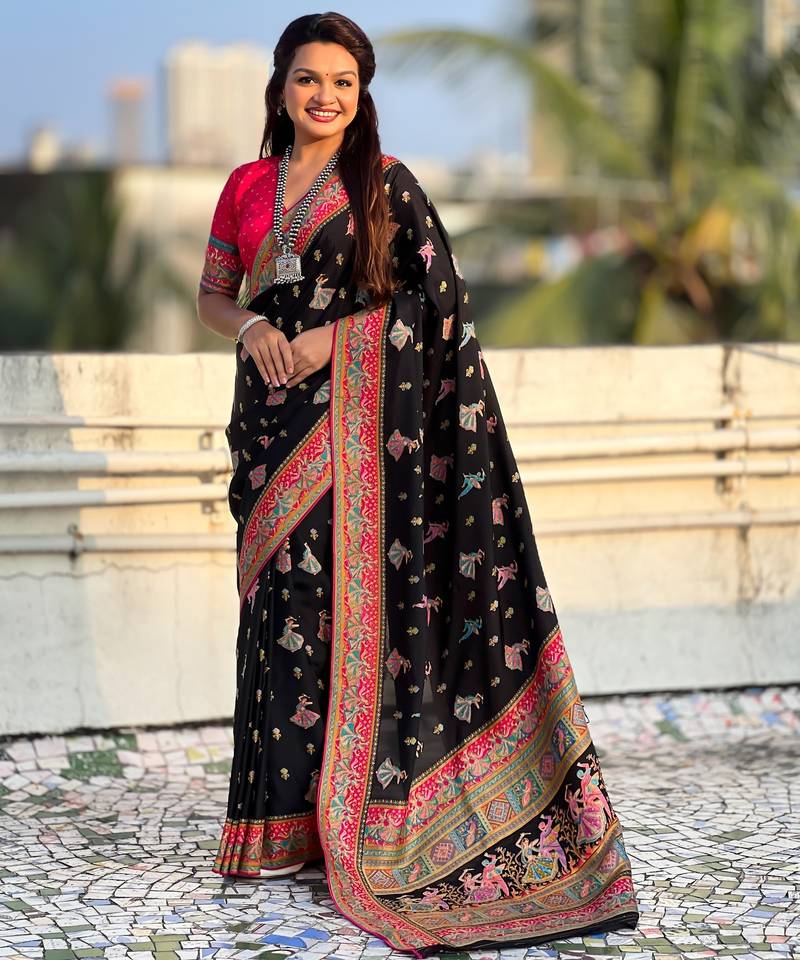 Black viscose silk position print & zari weaving saree with contrast blouse piece