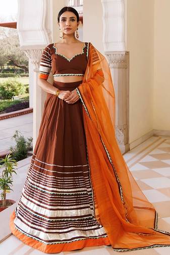 Brunette Brown and Orange Cotton Lehenga Set