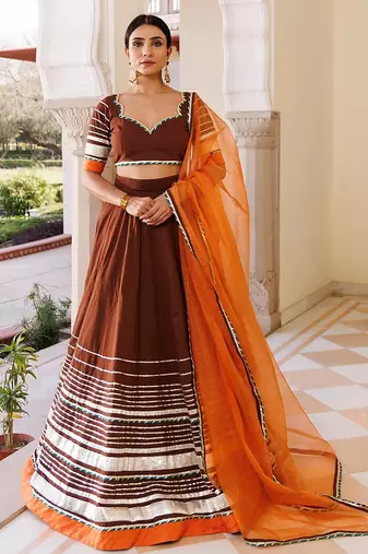 Brunette Brown and Orange Cotton Lehenga Set