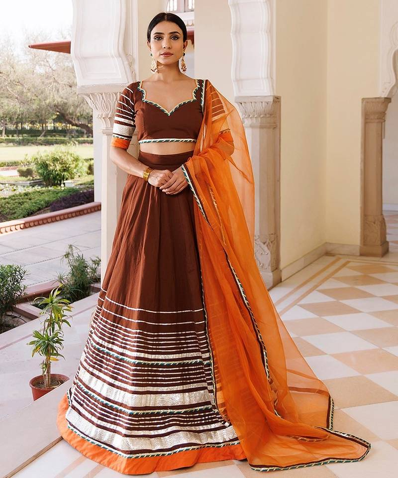 Brunette Brown and Orange Cotton Lehenga Set