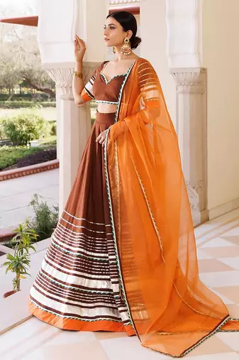 Brunette Brown and Orange Cotton Lehenga Set