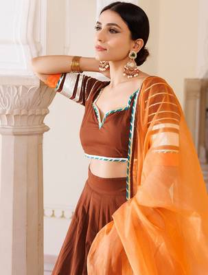 Brunette Brown and Orange Cotton Lehenga Set 3