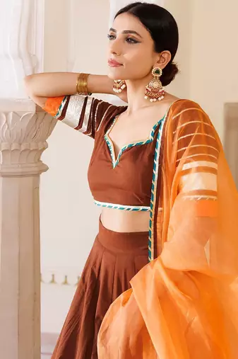 Brunette Brown and Orange Cotton Lehenga Set