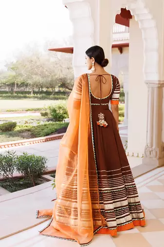 Brunette Brown and Orange Cotton Lehenga Set