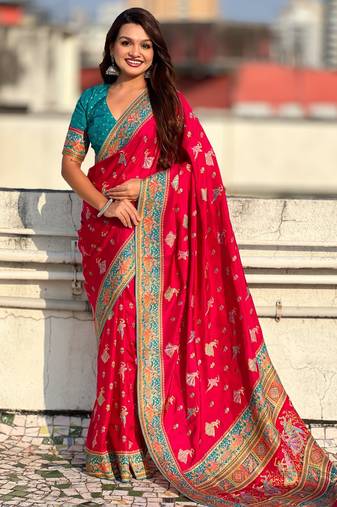 Pink viscose silk position print & zari weaving saree with contrast blouse piece