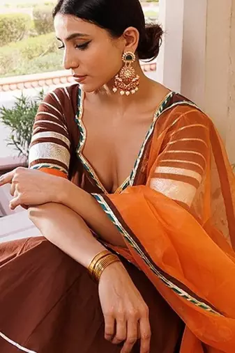 Brunette Brown and Orange Cotton Lehenga Set