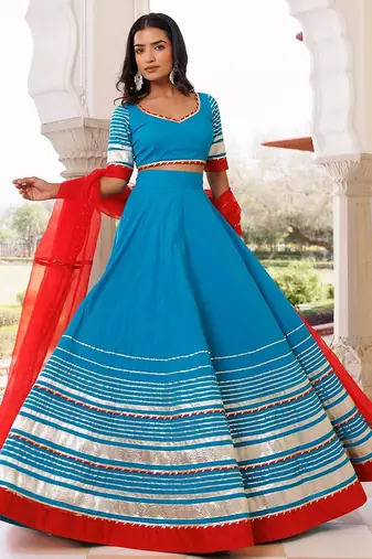 Palace Blue and Red Cotton Lehenga Set