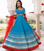 Palace Blue and Red Cotton Lehenga Set