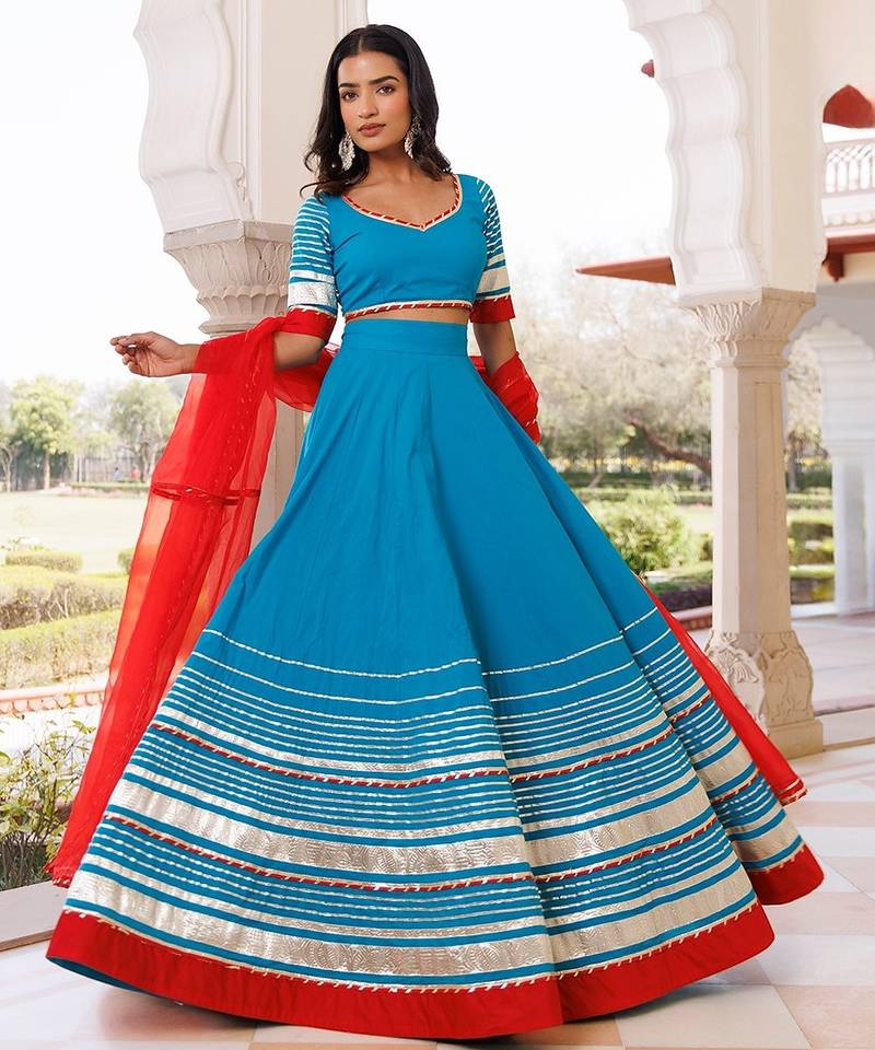 Palace Blue and Red Cotton Lehenga Set