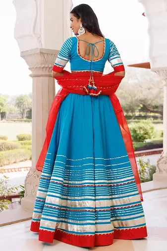Palace Blue and Red Cotton Lehenga Set
