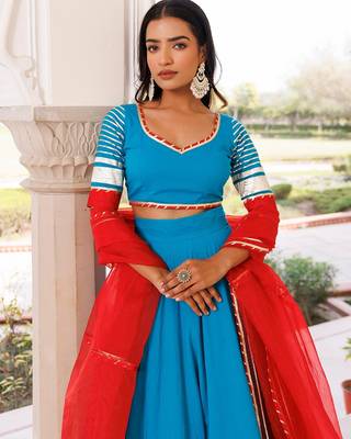 Palace Blue and Red Cotton Lehenga Set 3