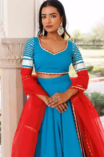 Palace Blue and Red Cotton Lehenga Set