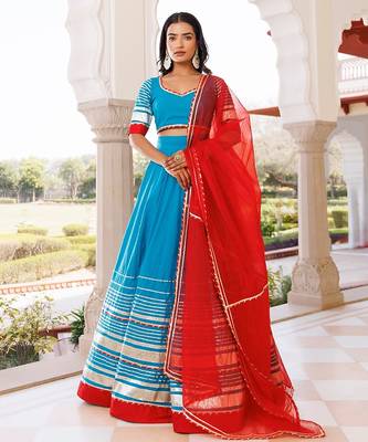 Palace Blue and Red Cotton Lehenga Set 4
