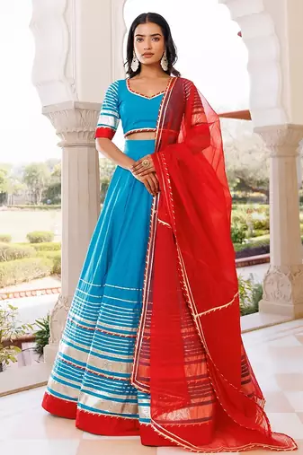 Palace Blue and Red Cotton Lehenga Set