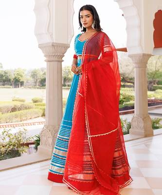 Palace Blue and Red Cotton Lehenga Set 5