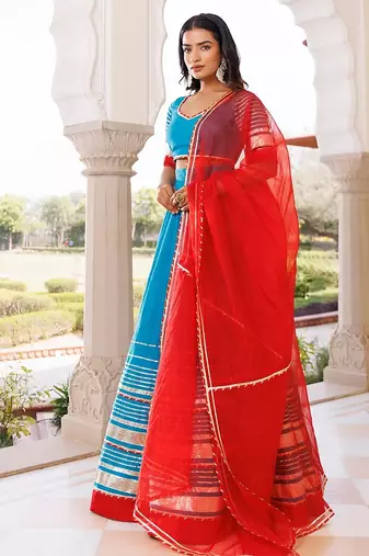 Palace Blue and Red Cotton Lehenga Set