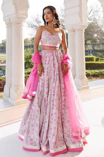 Mauve Chalk Pink Cotton Hand Printed Lehenga Set