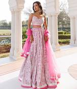 Mauve Chalk Pink Cotton Hand Printed Lehenga Set