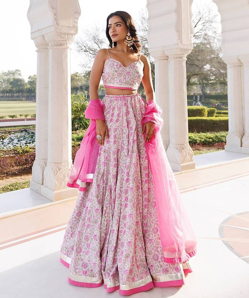 Mauve Chalk Pink Cotton Hand Printed Lehenga Set