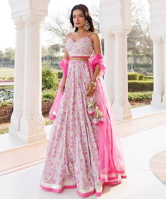 Mauve Chalk Pink Cotton Hand Printed Lehenga Set 2