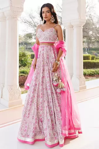 Mauve Chalk Pink Cotton Hand Printed Lehenga Set