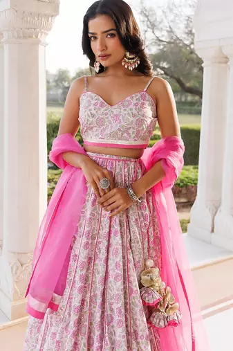 Mauve Chalk Pink Cotton Hand Printed Lehenga Set