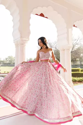 Mauve Chalk Pink Cotton Hand Printed Lehenga Set