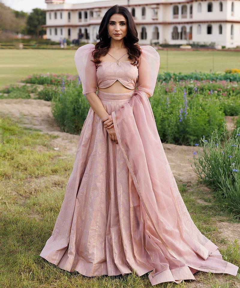 Rose Shadow Pink Handblock Printed Lehenga Set