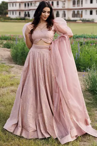 Rose Shadow Pink Handblock Printed Lehenga Set