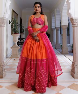 Pink Lemonade and Orange Cotton Lehenga Set 1