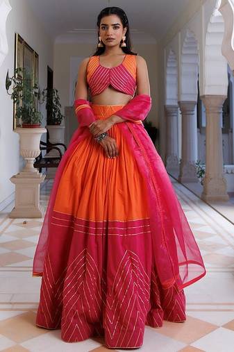 Pink Lemonade and Orange Cotton Lehenga Set