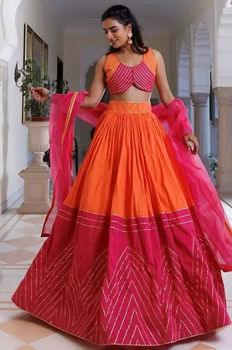 Pink Lemonade and Orange Cotton Lehenga Set