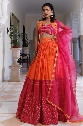 Pink Lemonade and Orange Cotton Lehenga Set