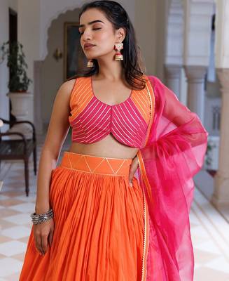 Pink Lemonade and Orange Cotton Lehenga Set 4